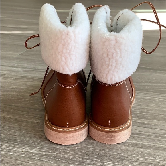 Brown Faux Leather Shearling Lace Up Brown Boots - Picture 3 of 5